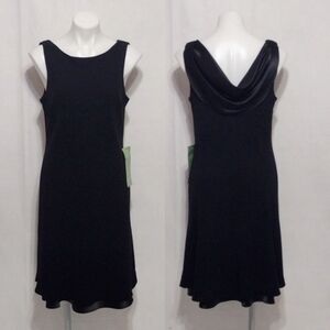 NWT S.L. Fashions Black Cocktail Sheath Dress US 14 Satin Cowl Neck Back Elegant